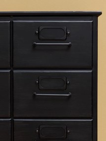 Dulap cu sertare vintage industrial din metal, negru, cu 27 de sertare, port-etichete și roți cu frână, finisaj antichizat, 132 x 76 x 37 cm, „Office”