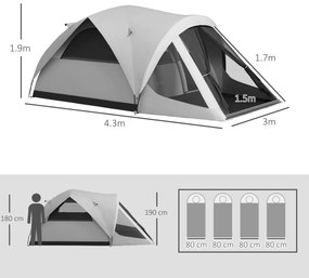 Outsunny Cort de Camping Impermeabil cu 4 Locuri, Zonă Separată de Dormit și Living, Cort din Poliester, 430x300x190 cm, Gri | Aosom Romania