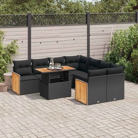 3327688 vidaXL Set mobilier grădină perne 9 piese negru poliratan/lemn acacia