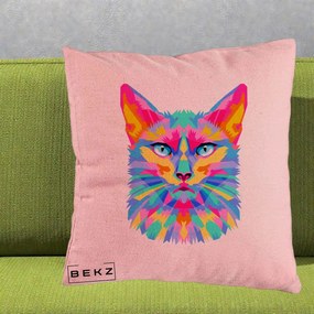 Perna Decorativa Pisica Pop Art Multicolor, 40x40 cm, Roz, Husa Detasabila, Perna Inclusa, BEKZ®