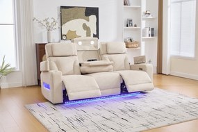 Canapea 3 locuri cu 2 reclinere electrice, masuta, USB-C, suport pahare, lumini de citire, lumini LED, Torven 216x96cm