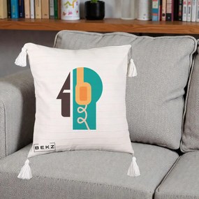 Perna Personalizata Retro Casti Muzicale, 40x40 cm, Bej cu Franjuri, Husa Detasabila, Perna Inclusa, BEKZ®
