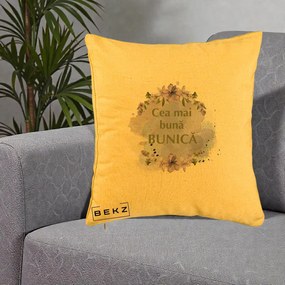 Cadou pentru Bunica - Perna Personalizata Cea Mai Buna Bunica Flori Mov Acuarela Auriu, 40x40 cm, Galben, Husa Detasabila, Perna Inclusa, BEKZ®