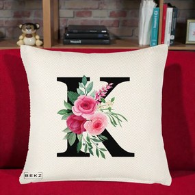 Cadou Personalizat - Perna Personalizata Monograma Florala Litera K, 40x40 cm, Crem Reliefat, Husa Detasabila, Perna Inclusa, BEKZ®