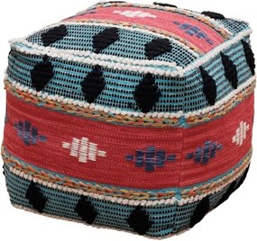 Puf etnic cubic din bumbac, multicolor, cu bucle și romburi în relief, 50 x 50 x 50 cm, „Mariachi”