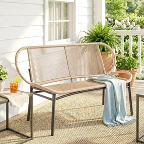 Outsunny Bancă de grădină 2 locuri, banc exterior din rășină împletită cu cadru metalic, rezistent la intemperii, natural | Aosom Romania
