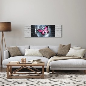 Tablou - Fluture roz în perete (cu ceas) (90x30 cm)