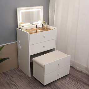 Set CLARICE SMART, Masă de toaletă pentru machiaj cu oglindă rabatabilă, iluminată LED, control touch, trei tipuri culoare, incarcare USB, Bluetooth, Boxa, 3 sertare, comodă, taburet, Alb