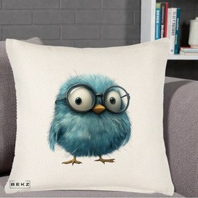 Perna Decorativa Pui Pufos Teal cu Ochelari, 40x40 cm, Crem Reliefat, Husa Detasabila, Perna Inclusa, BEKZ®