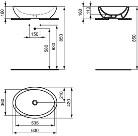 Lavoar pe blat alb lucios 60 cm, oval, Ideal Standard Strada Alb lucios, Ovala