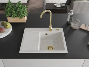Mexen Ben chiuvetă granit cu 1 compartiment și scurgător, dreapta 600 x 500 mm, alb, sifon auriu - 6523605000-20-G