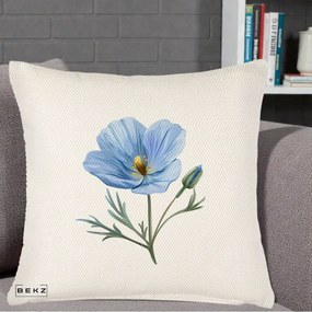 Perna Decorativa Mac Albastru Acuarela, 40x40 cm, Crem Reliefat, Husa Detasabila, Perna Inclusa, BEKZ®