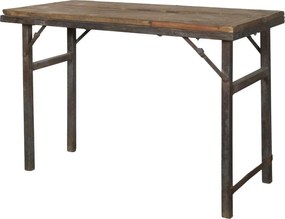 Masă consolă în stil French Country, din lemn reciclat și fier, natur și negru, cu margine din fier și picioare pliabile, 75 x 106 x 53 cm, „Grimaud”