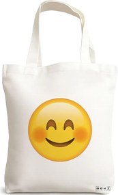 Sacosa de Panza pentru Cumparaturi, Geanta Tote, model Smiling Emoji, 38x34.5 cm, Alba, BEKZ®
