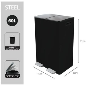 Coș de gunoi negru mat pentru reciclare/cu pedală 2x30 l din oțel Aliya – Spirella