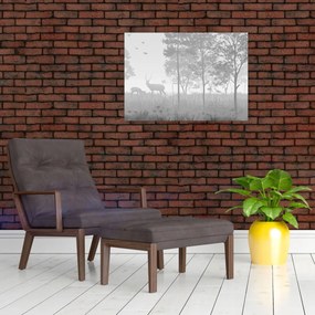 Tablou pe sticlă - Pajiște cu cerbi (70x50 cm)