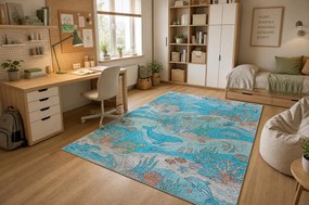 BAMBINO 61540 covor lavabil Ocean, pește pentru copii anti-alunecare - albastru / bej