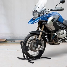 HOMCOM Suport pentru Motocicletă Reglabil pe 3 Nivele, Sistem de Blocare Roți Motocicletă în Metal cu Găuri, 60x55x43 cm, Negru