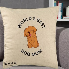 Cadou pentru Iubitorii de Caini - Perna Personalizata World's Best Dog Mom, 40x40 cm, Bej, Husa Detasabila, Perna Inclusa, BEKZ®