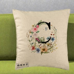 Cadou Personalizat - Perna Personalizata Monogram Litera C cu Flori Acuarela, 40x40 cm, Bej, Husa Detasabila, Perna Inclusa, BEKZ®