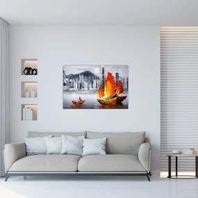Tablou - Victoria Harbour, Hong Kong, pictură în ulei alb- negru (90x60 cm)