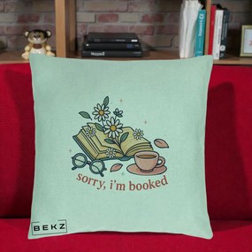 Perna Personalizata Sorry I'm Booked Carti Flori, 40x40 cm, Verde Menta, Husa Detasabila, Perna Inclusa, BEKZ®