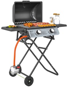 Outsunny Barbecue pe Gaz 2 Arzătoare, 2 Rafturi, Capac și Termometru Negru | Aosom Romania
