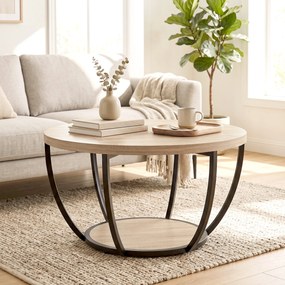 HOMCOM Măsuță de Cafea Rotundă cu 2 Rafturi, Picioare Metalice, Blat Gros, 80x80x43,8 cm, Finisaj Lemn Natur | Aosom Romania
