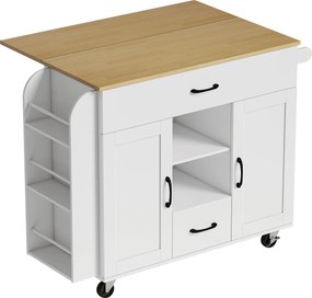 HOMCOM Insulă de bucătărie pe roți, blat extensibil, uși de dulap Soft-Close, sertare, suport pentru prosoape, MDF, Alb | Aosom Romania
