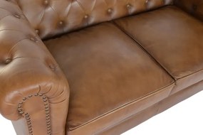 Canapea Chesterfield cu 2 locuri din piele, maro, spătar și brațe capitonate cu ținte, picioare cu rotile, finisaj patinat, 76 x 148 x 80 cm,