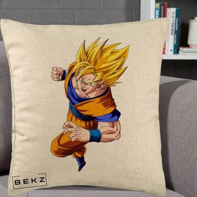 Perna Personalizata Dragon Ball Goku Super Saiyan 2 Lupta, 40x40 cm, Bej, Husa Detasabila, Perna Inclusa, BEKZ®
