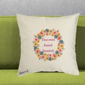 Cadou pentru Bunica - Perna Personalizata Cea Mai Buna Bunica Coronita Flori Multicolore, 40x40 cm, Ecru, Husa Detasabila, Perna Inclusa, BEKZ®