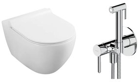 Pachet vas wc suspendat Fluminia, capac softclose si set dus igiena intima crom cu baterie incastrata Omnires Y