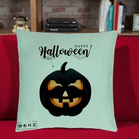 Perna Decorativa Happy Halloween Dovleac Negru cu Paianjen, 40x40 cm, Verde Menta, Husa Detasabila, Perna Inclusa, BEKZ®