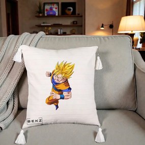 Perna Personalizata Dragon Ball Goku Super Saiyan 2 Lupta, 40x40 cm, Bej cu Franjuri, Husa Detasabila, Perna Inclusa, BEKZ®