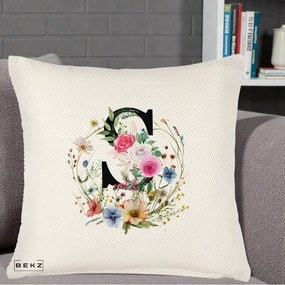 Cadou Personalizat - Perna Personalizata Monogram Litera S cu Flori Acuarela, 40x40 cm, Crem Reliefat, Husa Detasabila, Perna Inclusa, BEKZ®