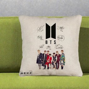 Perna Personalizata K-pop BTS Semnaturi Foto, 40x40 cm, Bej Canapea, Husa Detasabila, Perna Inclusa, BEKZ®