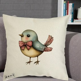Perna Decorativa Pasare Bleu cu Fundita Rosie, 40x40 cm, Ecru, Husa Detasabila, Perna Inclusa, BEKZ®