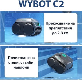 Robot fara fir pentru piscine Wybot C2, 65 W, 180 min, 200 m², Filtrare dubla, Functii autonome, Negru