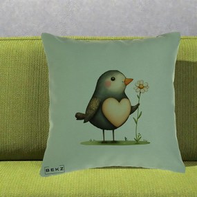 Perna Decorativa Pasare cu Inima si Margareta, 40x40 cm, Verde, Husa Detasabila, Perna Inclusa, BEKZ®