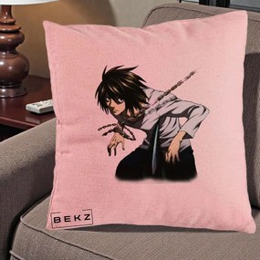 Perna Personalizata Death Note L Lawliet Lanturi, 40x40 cm, Roz, Husa Detasabila, Perna Inclusa, BEKZ®