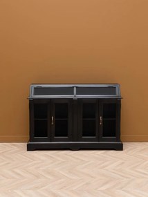 Bufet vintage din lemn de mango, negru, cu 4 uși vitrate, 2 capace înclinate din sticlă și mânere arcuite, 98 x 141 x 40 cm, „Prémices”