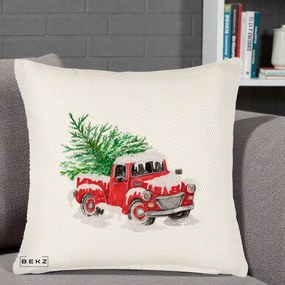 Perna Decorativa Camioneta Rosie Brad de Craciun, 40x40 cm, Crem Reliefat, Husa Detasabila, Perna Inclusa, BEKZ®
