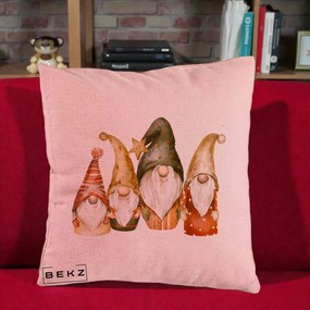 Perna Decorativa Gnomi de Craciun Patru, 40x40 cm, Roz, Husa Detasabila, Perna Inclusa, BEKZ®