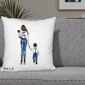 Cadou pentru Mama - Perna Personalizata Mom of Boys Mama cu Baietii, 40x40 cm, Alb Pufos, Husa Detasabila, Perna Inclusa, BEKZ®