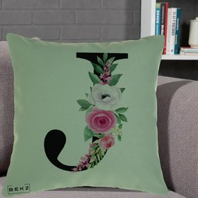 Cadou Personalizat - Perna Personalizata Monograma Florala Litera J, 40x40 cm, Verde, Husa Detasabila, Perna Inclusa, BEKZ®