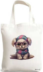 Sacosa de Panza pentru Cumparaturi, Geanta Tote, model Reading puppy 20 38 x 34.5 cm, Alba, BEKZ®
