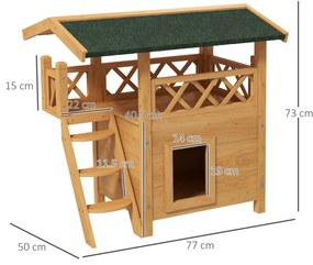 PawHut Maison lodge pentru pisici sălbatice rătăcitoare cu terasă scară 77 x 50 x 73 cm lemn natural și verde | Aosom Romania