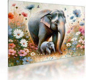 Tablou pe sticlă - Mama elefant, acuarelă (70x50 cm)