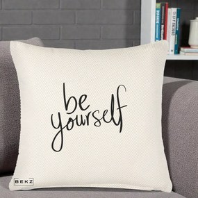 Perna Decorativa Be Yourself Caligrafie Neagra, 40x40 cm, Crem Reliefat, Husa Detasabila, Perna Inclusa, BEKZ®